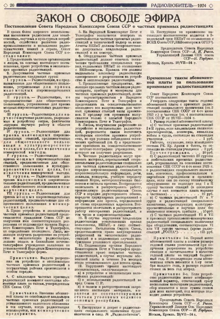 Публикация постановления «О частных приёмных радиостанциях» в журнале «Радиолюбитель» за 1924 год