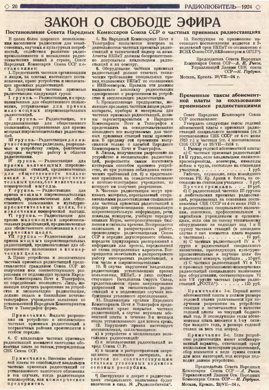 Публикация постановления «О частных приёмных радиостанциях» в журнале «Радиолюбитель» за 1924 год