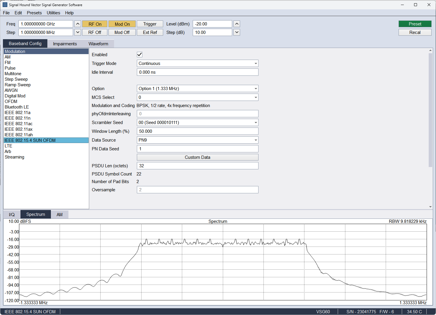 Генерация сигнала IEEE 802.15.4 SUN-OFDM в программе Signal Hound VSG