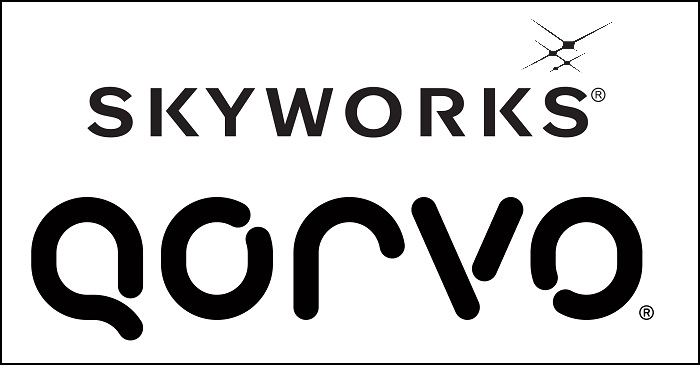 Логотипы Skyworks и Qorvo на фоне сообщения о регуляторных разрешениях для слияния